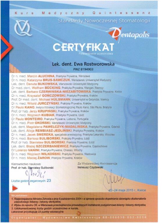Certyfikat - lek. stom. Ewa Rostworowska
