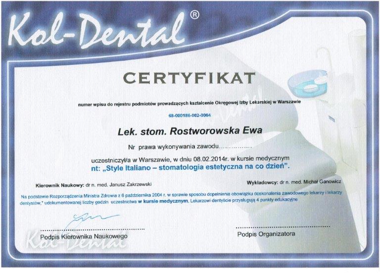 Certyfikat - lek. stom. Ewa Rostworowska