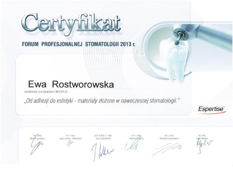 Certyfikat - lek. stom. Ewa Rostworowska