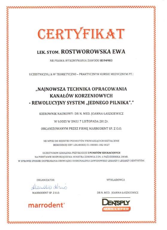 Certyfikat - lek. stom. Ewa Rostworowska