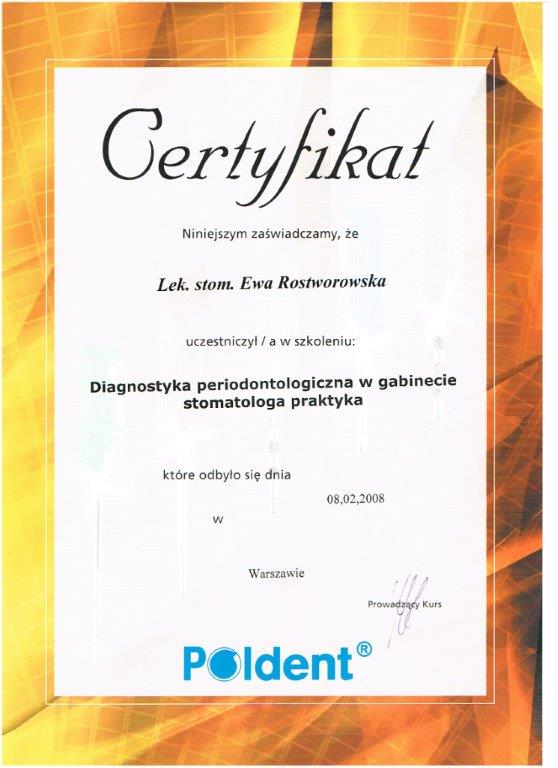 Certyfikat - lek. stom. Ewa Rostworowska