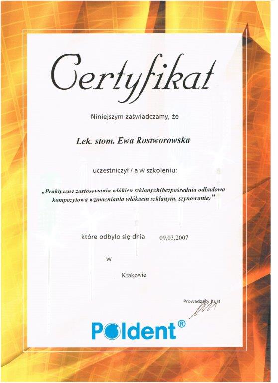 Certyfikat - lek. stom. Ewa Rostworowska