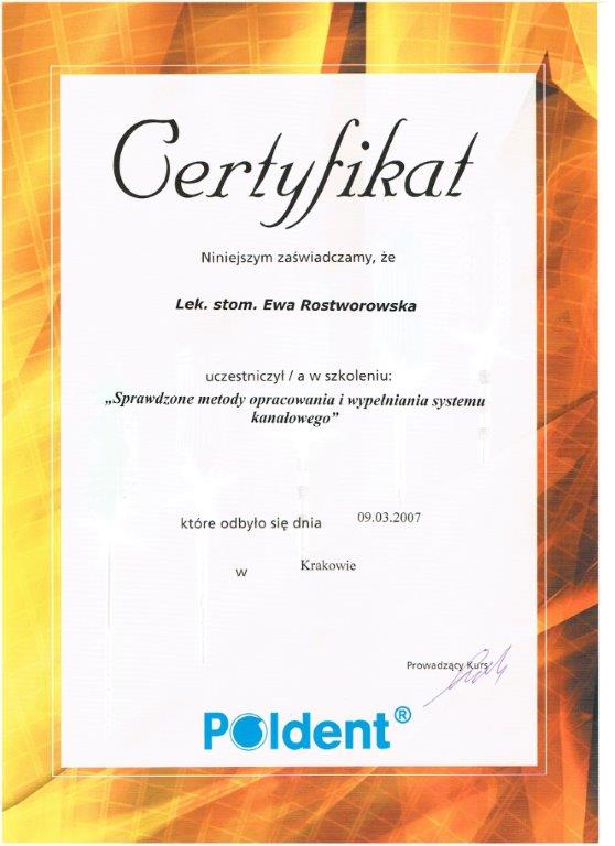 Certyfikat - lek. stom. Ewa Rostworowska