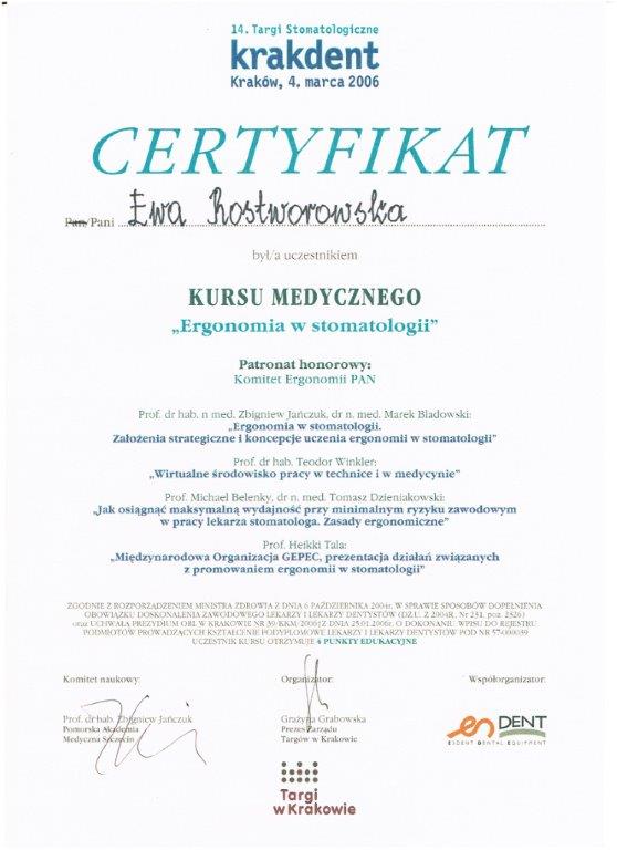 Certyfikat - lek. stom. Ewa Rostworowska