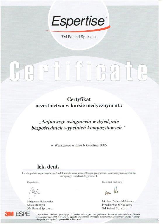 Certyfikat - lek. stom. Ewa Rostworowska