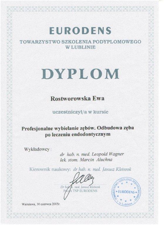 Certyfikat - lek. stom. Ewa Rostworowska