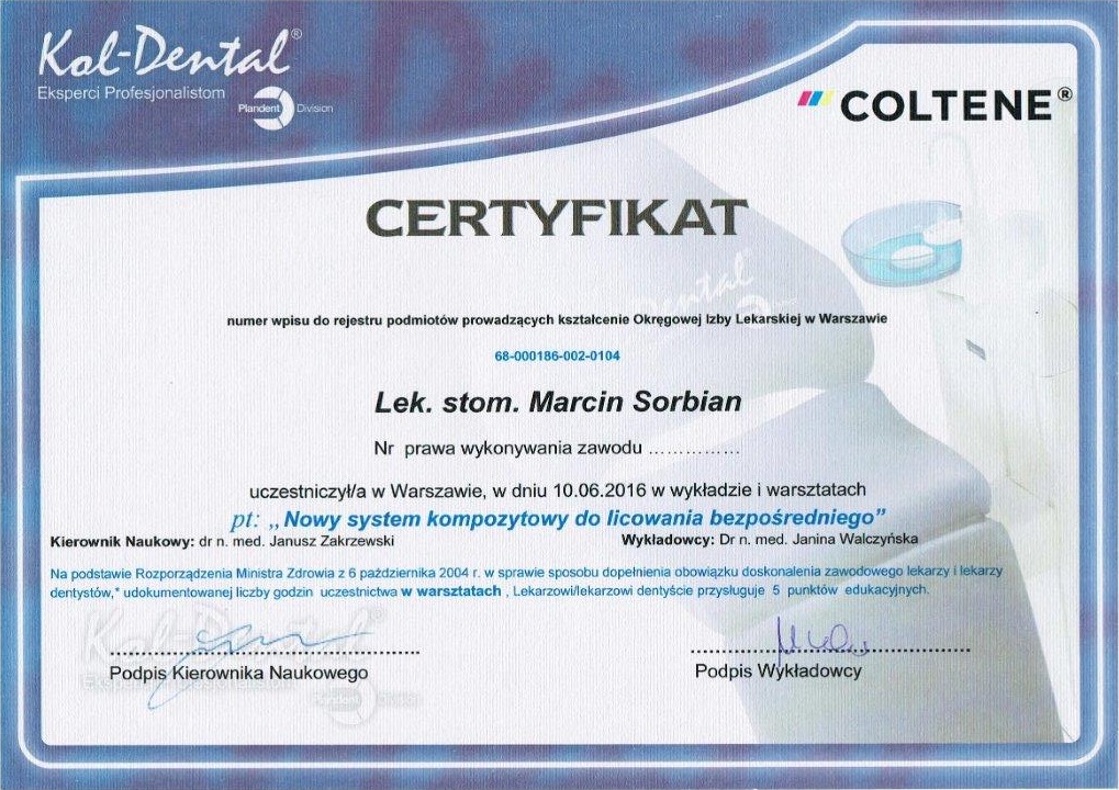Certyfikat - lek. stom. Marcin Sorbian
