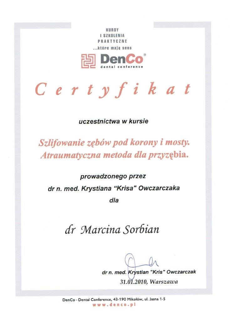 Certyfikat - lek. stom. Marcin Sorbian