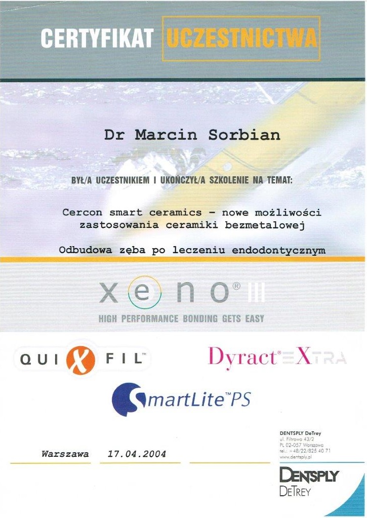 Certyfikat - lek. stom. Marcin Sorbian