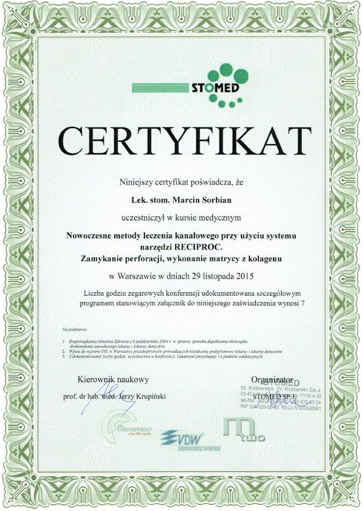 Certyfikat - lek. stom. Marcin Sorbian