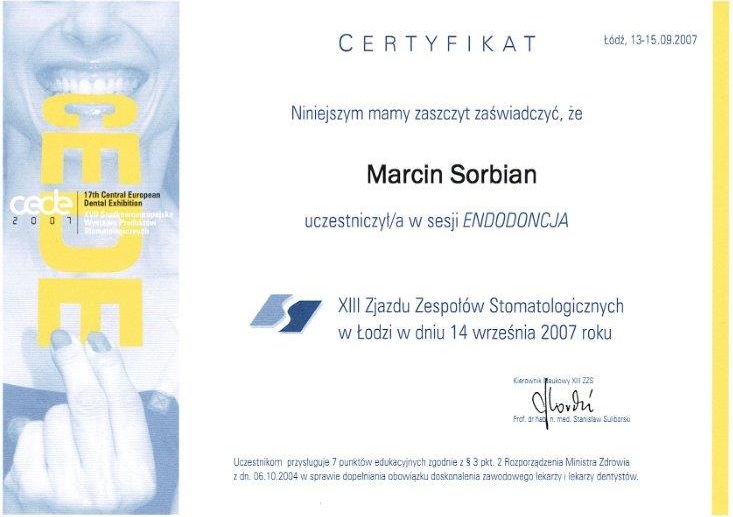 Certyfikat - lek. stom. Marcin Sorbian