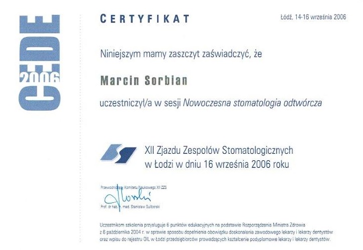 Certyfikat - lek. stom. Marcin Sorbian