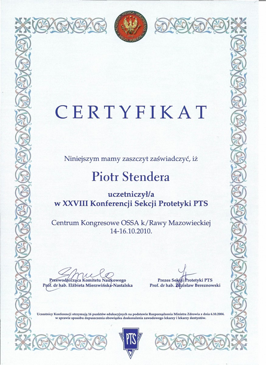 Certyfikat - dr n. med. Piotr Stendera