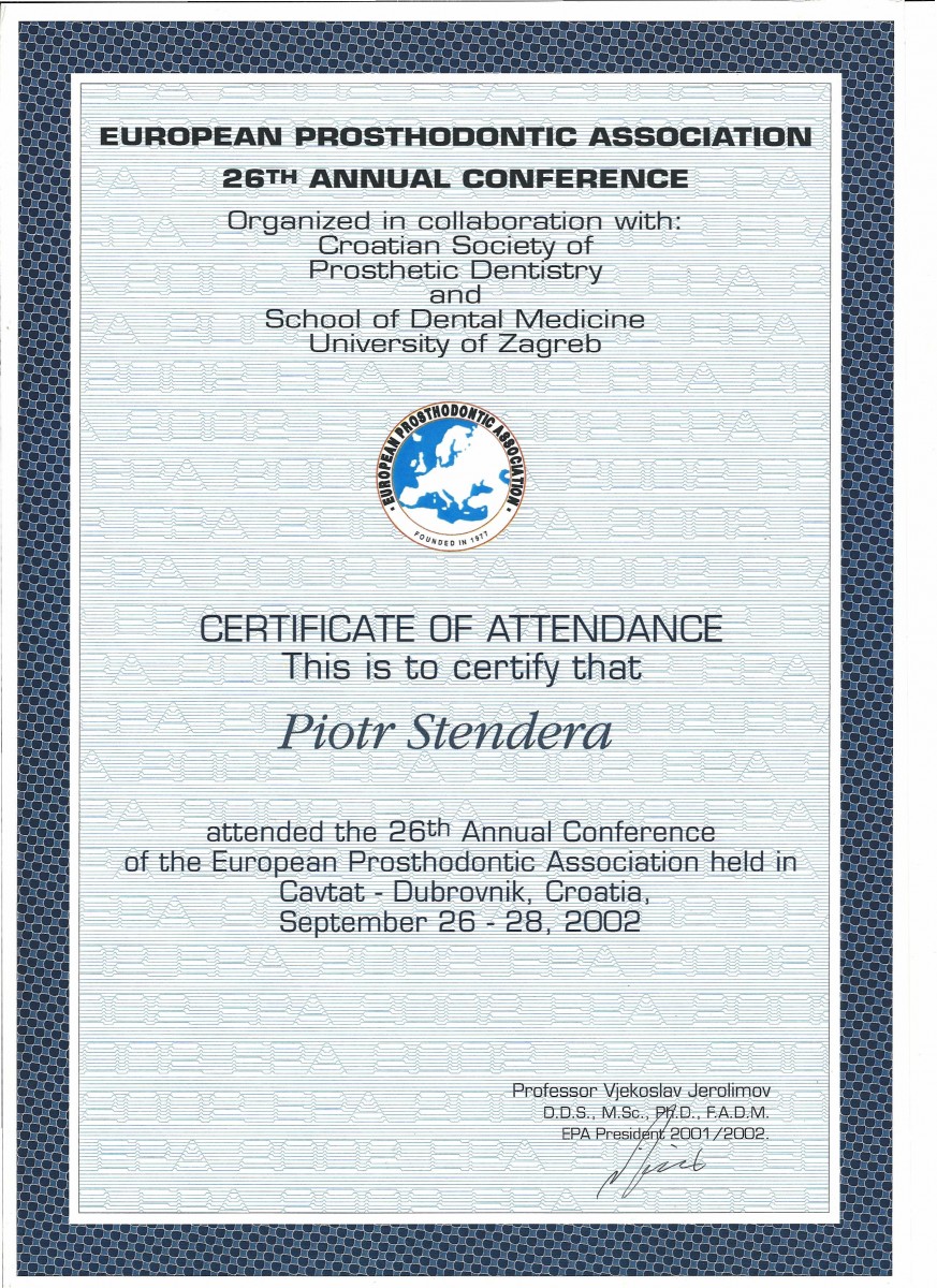 Certyfikat - dr n. med. Piotr Stendera