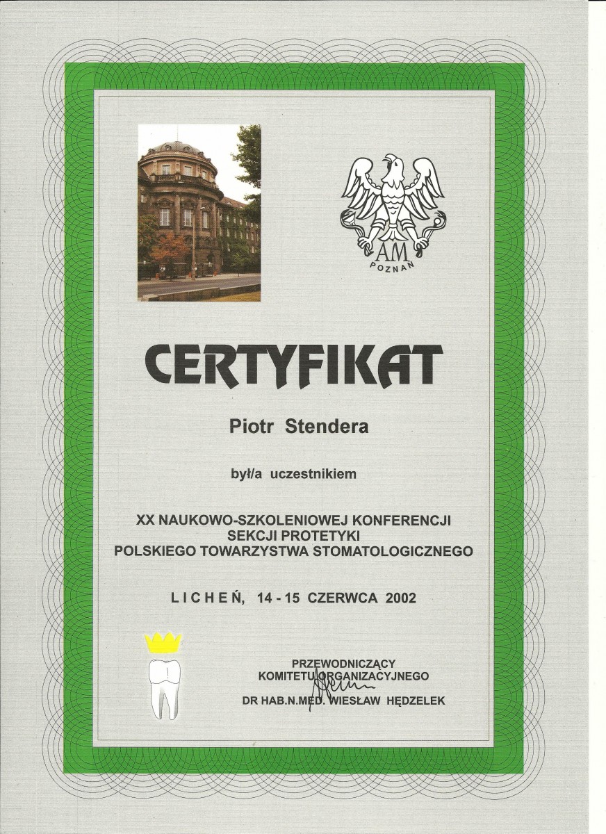 Certyfikat - dr n. med. Piotr Stendera