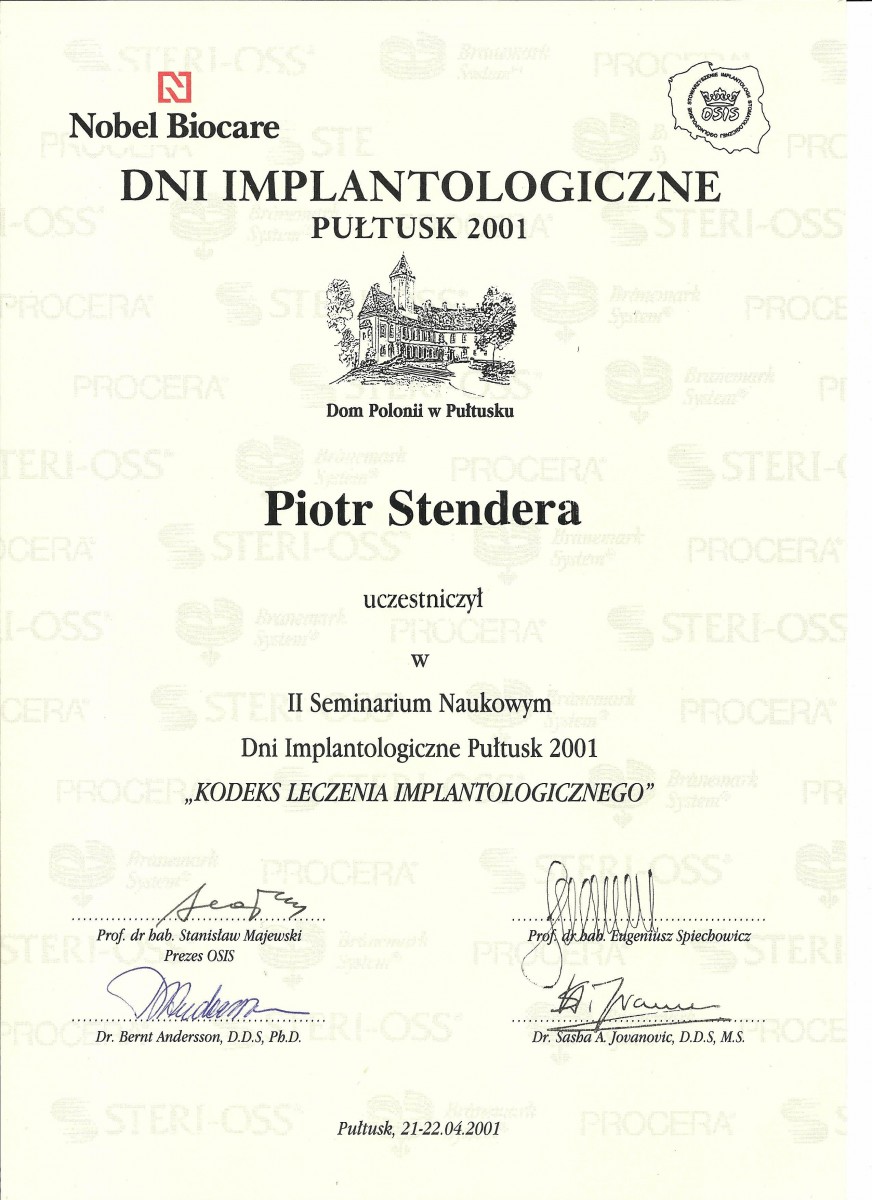 Certyfikat - dr n. med. Piotr Stendera