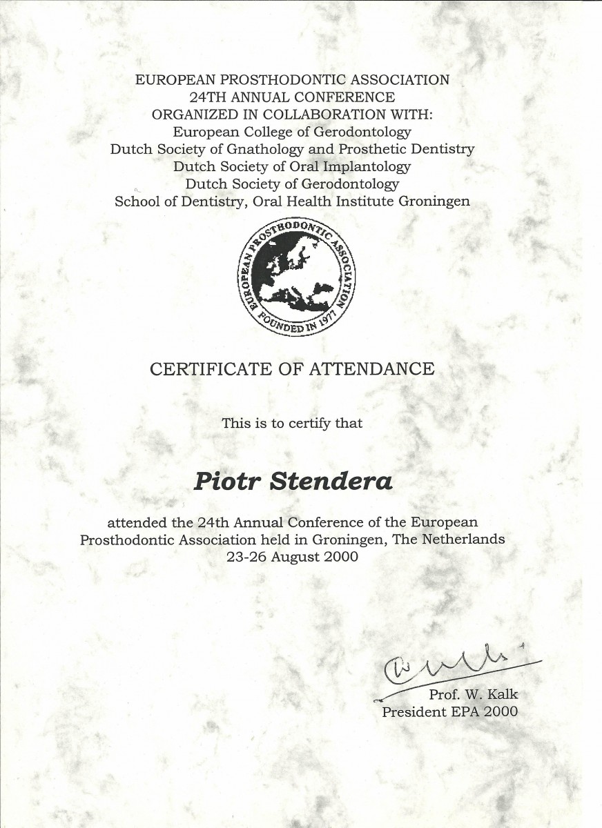Certyfikat - dr n. med. Piotr Stendera