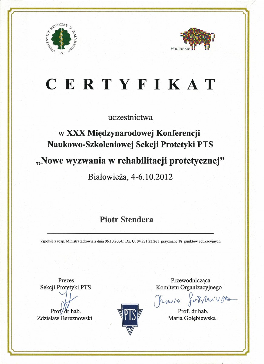 Certyfikat - dr n. med. Piotr Stendera