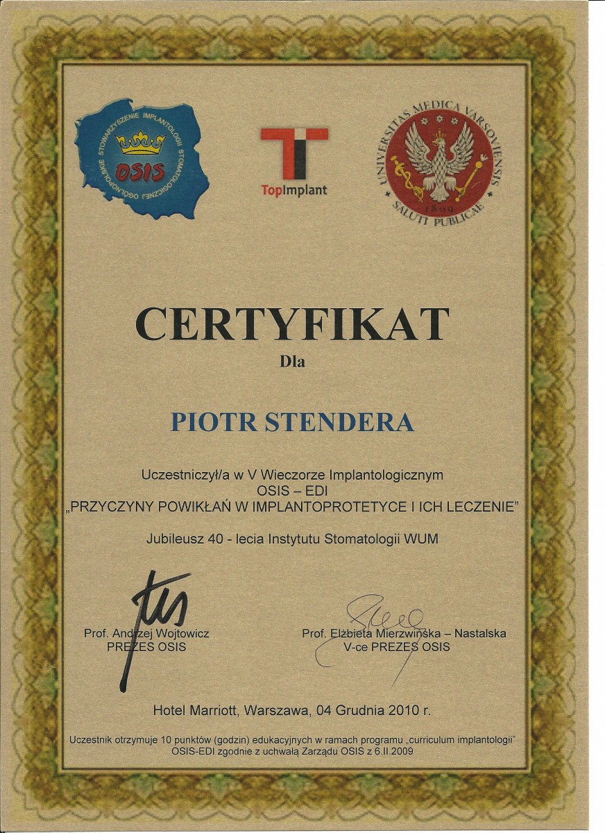 Certyfikat - dr n. med. Piotr Stendera