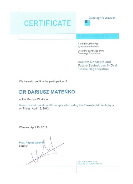 Certyfikat - lek. stom. Dariusz Mateńko