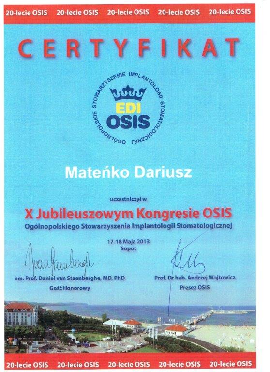 Certyfikat - lek. stom. Dariusz Mateńko