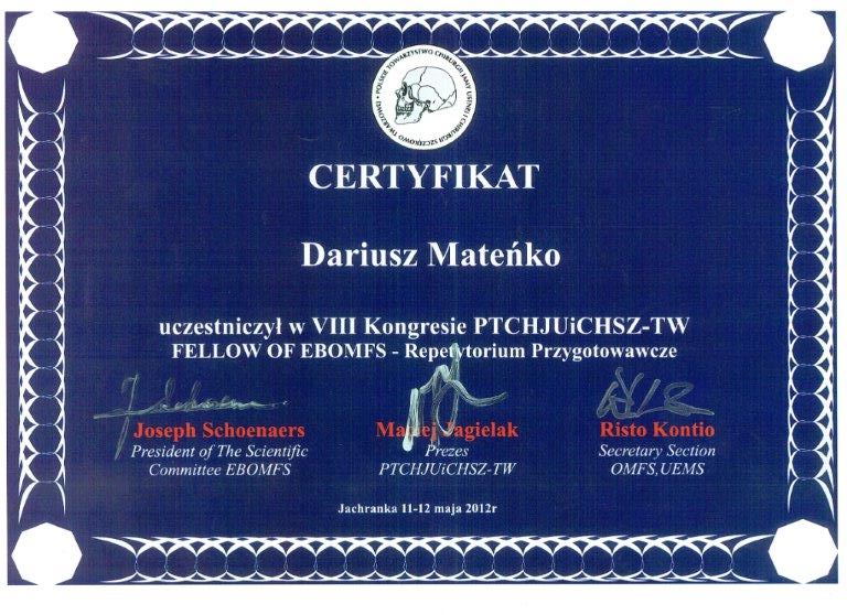Certyfikat - lek. stom. Dariusz Mateńko