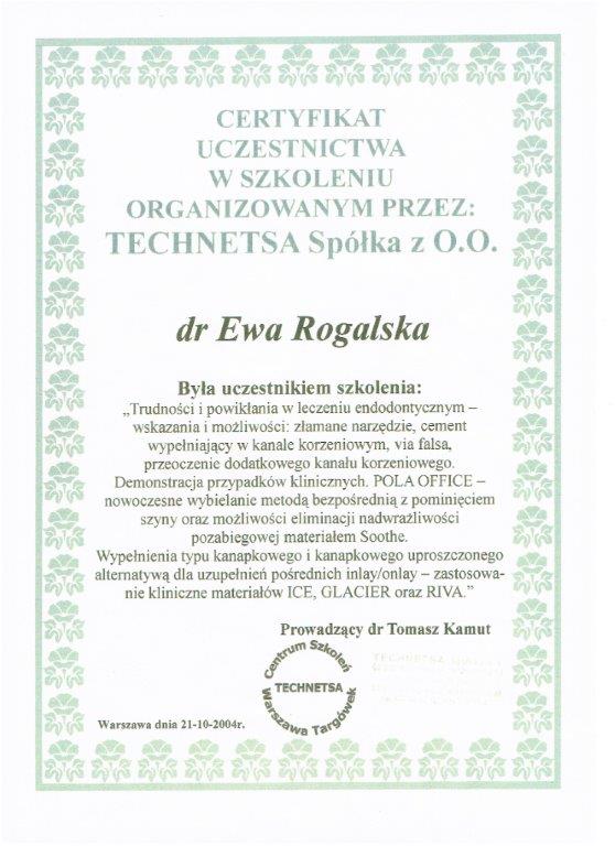 Certyfikat - lek. stom. Ewa Rogalska