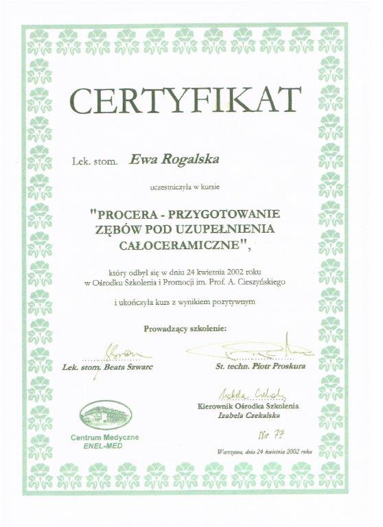 Certyfikat - lek. stom. Ewa Rogalska