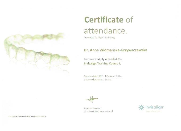 Certyfikat - lek. stom. Anna Widmańska–Grzywaczewska